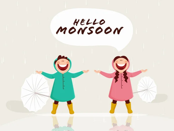 グレーを背景に雨と傘を楽しむ陽気な子供たちとこんにちはモンスーンポスターデザイン — ストックベクタ
