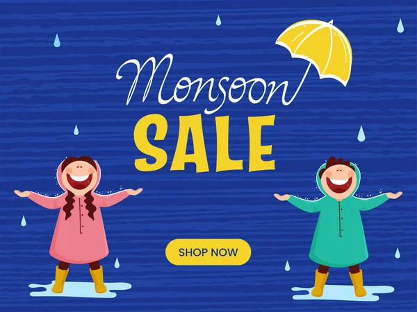 青いストライプのテクスチャで雨を楽しむ傘と陽気な子供たちとモンスーン販売ポスターデザイン背景 — ストックベクタ