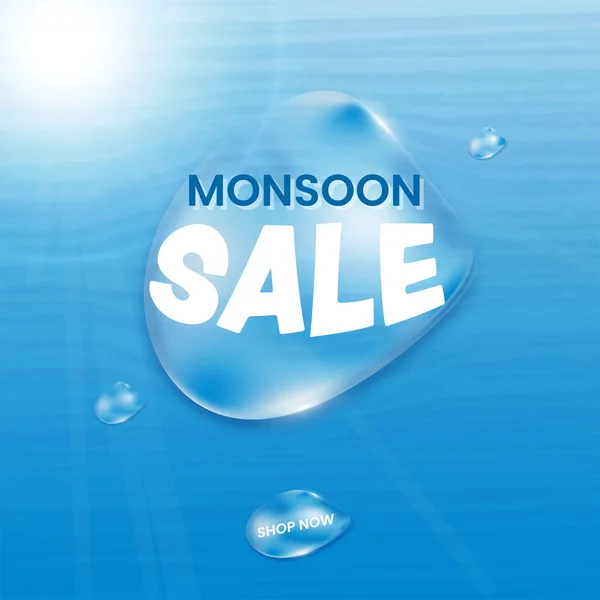 Monsoon Sale Poster Design Glossy Water Fluid Blue Shiny Background — Stock Vector