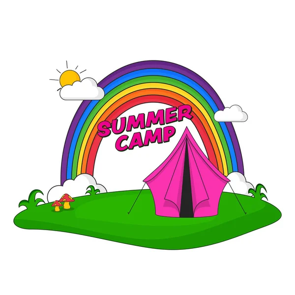 Letni Projekt Plakatu Camp Namiotem Tęcza Słońce Chmura Grzyby Zielonej — Wektor stockowy