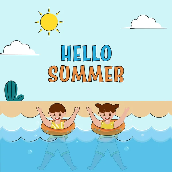 Hello Summer Font Cheerful Kids Swimming Water Sun Blue Background — Stock Vector