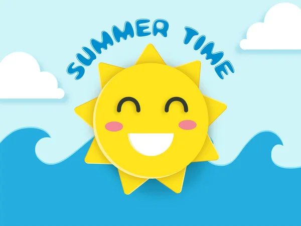 Sommerzeit Schrift Mit Papierschnitt Fröhliches Sonne Emoji Wolken Und Wasserwelle — Stockvektor