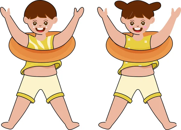 Alegre Niño Niña Llevar Anillos Natación Posición Pie — Vector de stock