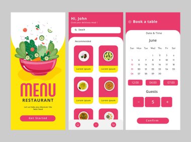 Mobil Uygulama UI, UX, Başlangıç İçin Arayüz Ekranları, Restoran Menü Kartı için Rehber Masa Şablonu.
