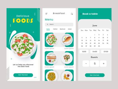 Set Of Food Mobile App UI, UX, GUI Screens Including Get Started, Reservation Template For Advertising.