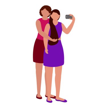 Yüzsüz genç kızlar sarılıyor ve beyaz arka plana karşı birlikte selfie çekiyorlar..