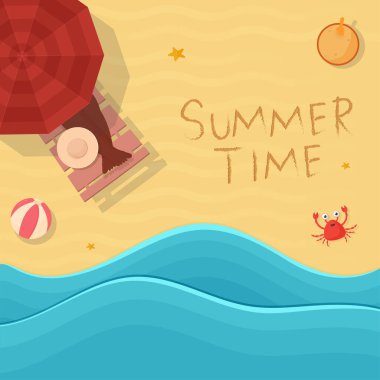 Yaz Zamanı Poster Tasarımı Güneş Lounger, Kum Kovası, Sahilde Yengeç Tarafı Arkaplanı.