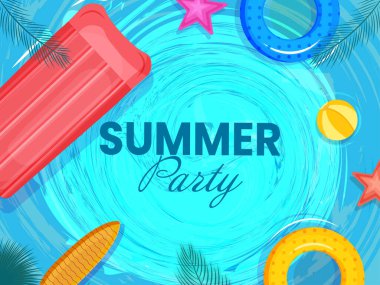 Şişme Su Yatağı, Lifebuoy, Plaj Balosu, Yıldız, Sörf tahtası ve Mavi Fırça Vuruşunda Palmiye Yaprakları.