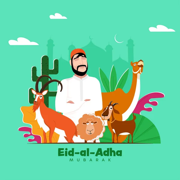 Eid Adha Mubarak Greeting Card Islamic Man Character Animal Cactus — Stockvector