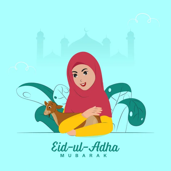 Eid Adha Mubarak Concept Islamic Woman Holding Goat Leaves Cyan — Stockvector