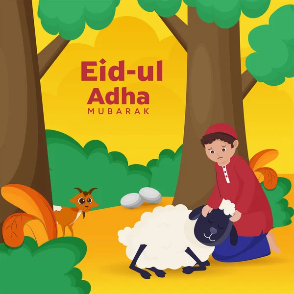 Eid Adha Mubarak Concept Islamic Young Boy Caring Lamb Goat — Stockvector