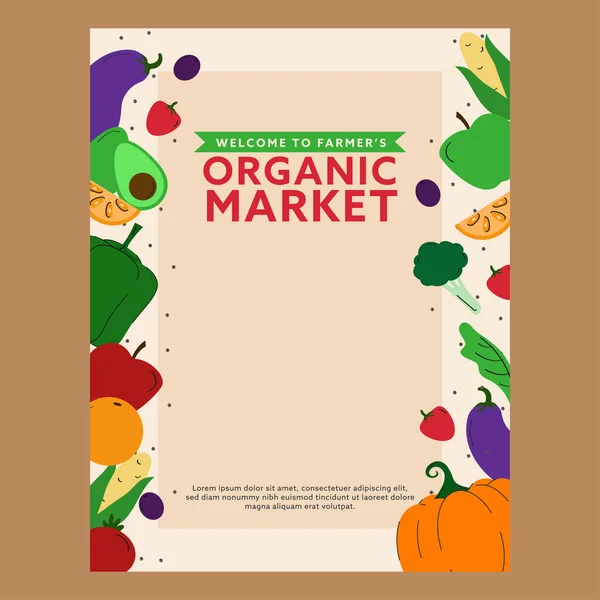 Organisk Marknad Mall Eller Flyer Design Med Veggies Livsmedel Dekorerad — Stock vektor