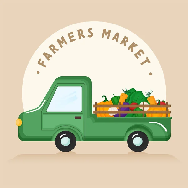 Farmers Market Poster Σχεδιασμός Pickup Φορτηγό Φορτωμένο Λαχανικά Τροφίμων Ανοιχτό — Διανυσματικό Αρχείο