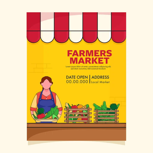 Farmer Market Flyer Template Design Grocery Female Worker Standing Store — 스톡 벡터