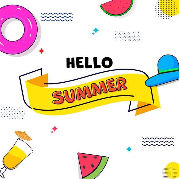 Hello Summer Poster Design Lifebuoy Watermelon Slice Beach Hat Mocktail — Stock Vector