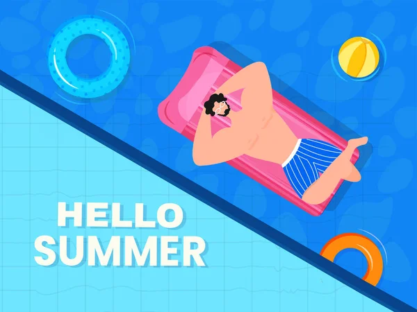 Hello Summer Poster Design Top View Swimmer Man Lying Inflatable — Stock Vector