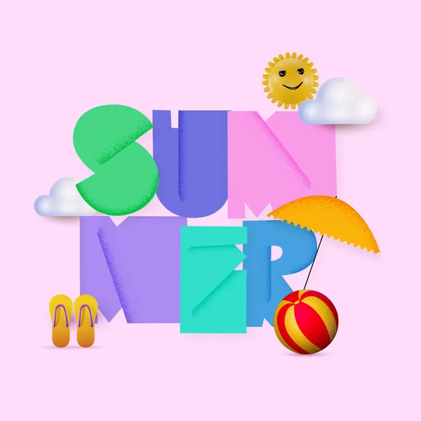 3Dスマイリー太陽とカラフルな夏のフォント ビーチボール スリッパ 傘とピンクの背景に雲 — ストックベクタ