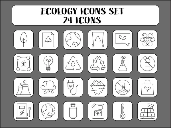 Zwarte Lineaire Ecologie Pictogram Symbolen Ingesteld Grijze Vierkante Achtergrond — Stockvector