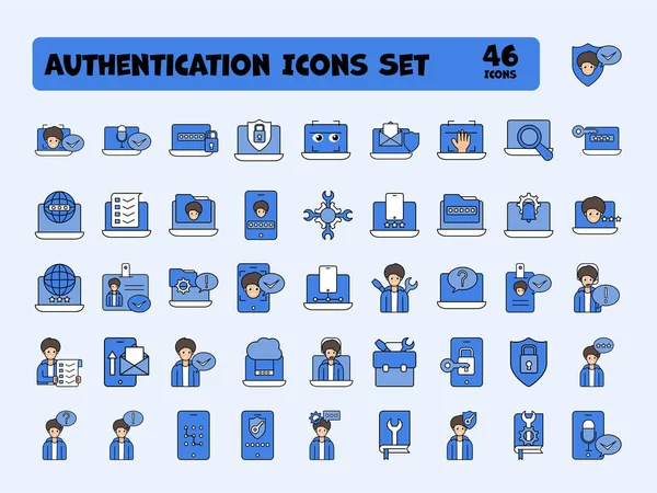 Blå Och Vit Autentisering Fett Ikon Set Platt Stil — Stock vektor