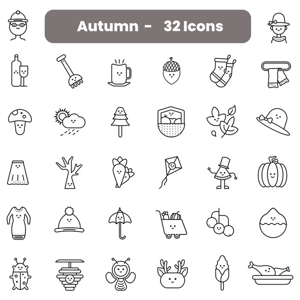 Black Line Art Cute Autumn Season Cartoon Character Icon Set — Stock Vector