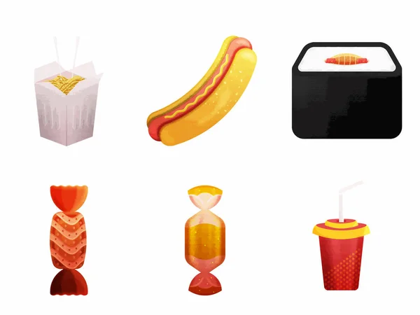 Candy Drink Junk Food Set Flat Style — Stockový vektor