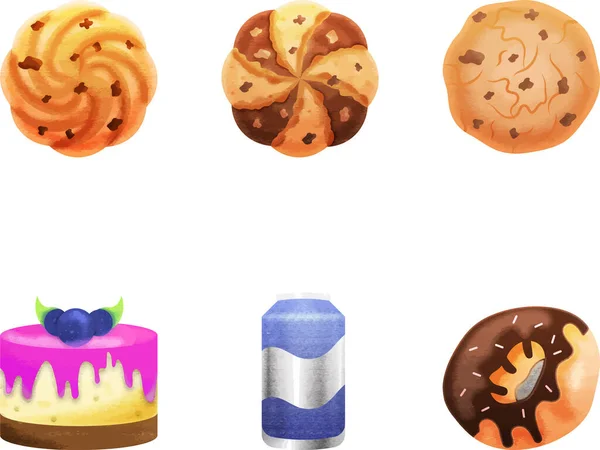 Biscoitos Lisos Com Bolo Rosquinhas Bebida Pode Conjunto Elementos Planos — Vetor de Stock