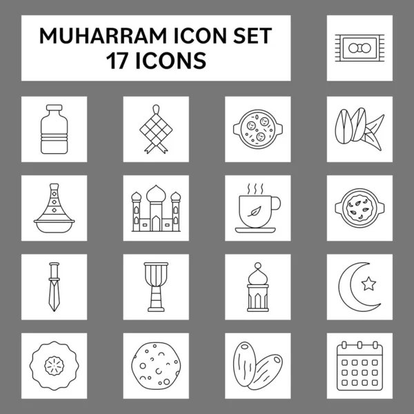 Muharram Line Art Icon Set Auf Grauem Und Weißem Quadratischen — Stockvektor