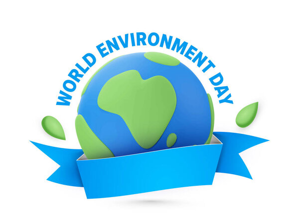 Blue World Environment Day Font With 3D Earth Globe And Empty Ribbon On White Background.