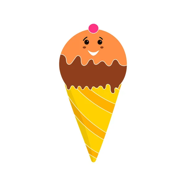 Icono Plano Alegre Del Cono Del Helado Amarillo Marrón — Vector de stock