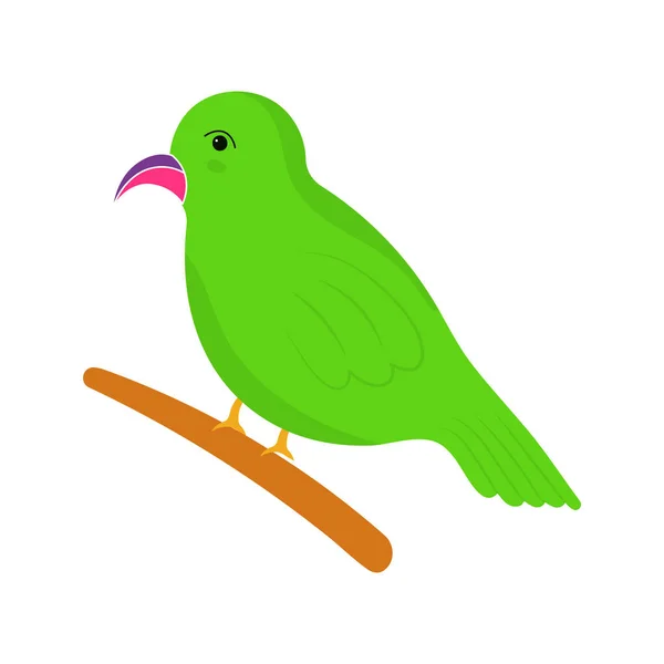 Green Parrot Holding Branch Icon Flat Style — Stock Vector