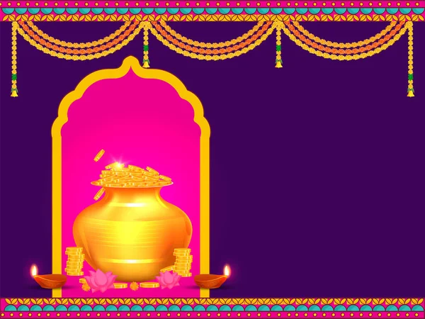 Golden Pot Full Coins Lotus Flower Lit Oil Lamps Diya — Stock Vector