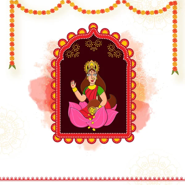 Goddess Lakshmi Giving Blessing Floral Garland Brown White Background — Stock Vector