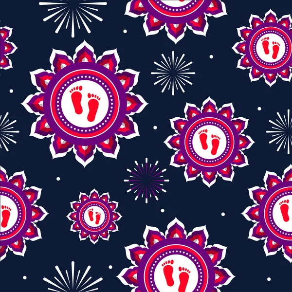 Seamless Pattern Mandala Lakshmi Footprints Fireworks Blue Background — 스톡 벡터