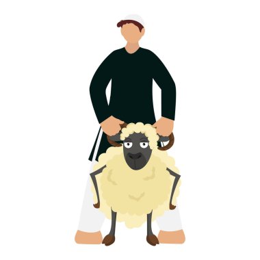 Faceless Islamic Young Man Holding Horns Of Sheep On White Background.