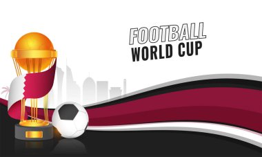 3D Golden Winning Trophy Cup With Football And Silhouette World Monuments Against Background.