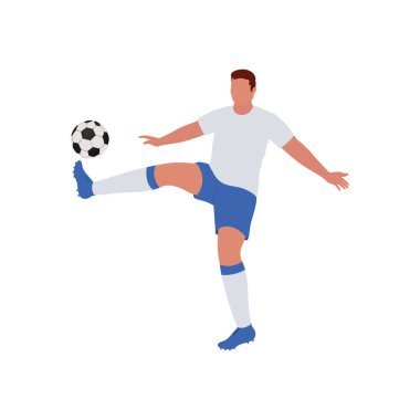 Cartoon Soccer Player Kicking Ball On White Background.