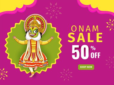 50% Discount Offer For Onam Sale Poster Design With Cheerful Kathakali Dancer Character.
