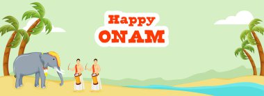 Sticker Style Happy Onam Lettering With South Indian Drummers, Elephant Animal, Coconut Or Palm Tree On Riverside Green And Yellow Background.