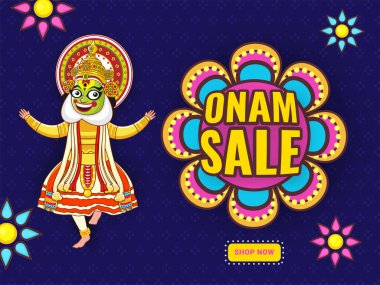 Onam Sale Poster Design With Cheerful Kathakali Dancer Character And Flowers On Blue Background.