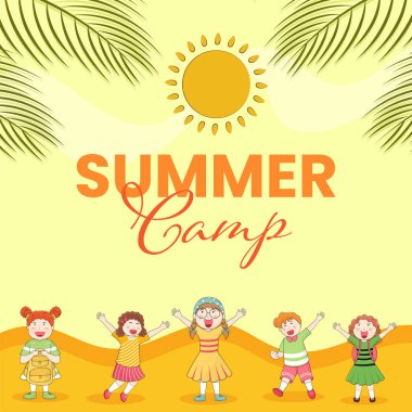 Summer Camp Lettering With Sun, Cheerful Kids Enjoying Against Yellow Background.