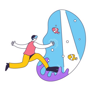 Çizgi filmdeki yüzücü, mavi ve beyaz arka planda VR gözlükleriyle sualtında hayali balıklara bakıyor..