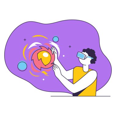 Mor ve beyaz arka planda VR gözlükleriyle hayali galaksiyi izleyen çizgi film adamı..