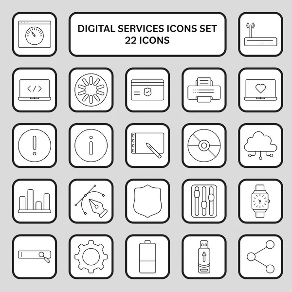 Black Line Art Digital Services Conjunto Ícones Quadrados — Vetor de Stock