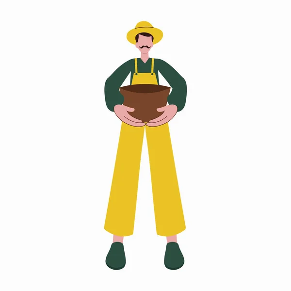 Γελοιογραφία Farmer Man Holding Pot Όρθια Θέση Λευκό Φόντο — Διανυσματικό Αρχείο