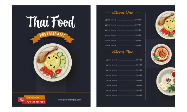 Thai Food Restaurant Menu Card Double Side Black Color — Stock Vector