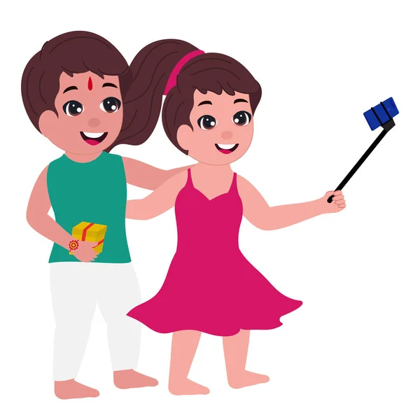 Cute Sister Taking Selfie Her Brother White Background — Stock Vector