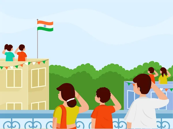 Fête Nationale Inde Fond Célébration Avec Les Indiens Saluant Drapeau — Image vectorielle