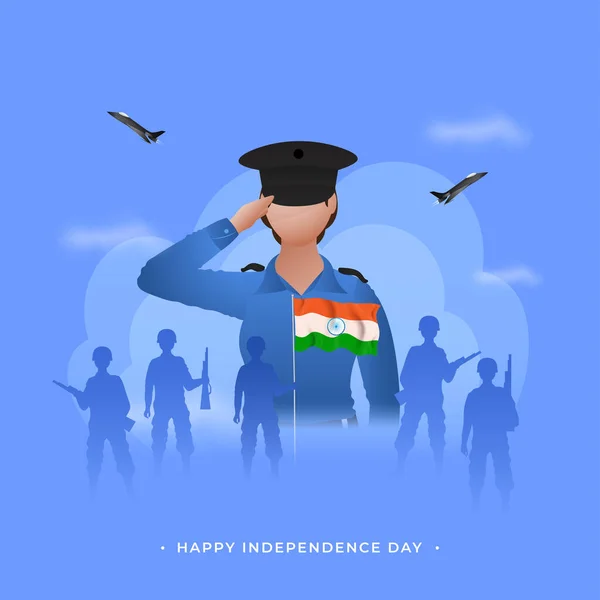 Happy Independence Day Konzept Mit Gesichtslosen Weiblichen Offiziersgrüßen Silhouettensoldaten Indien — Stockvektor