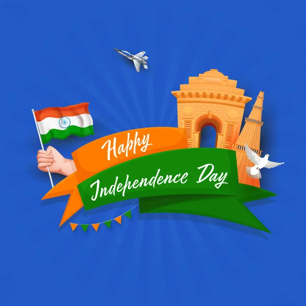 Happy Independence Day Band Text Mit India Gate Qutub Minar — Stockvektor