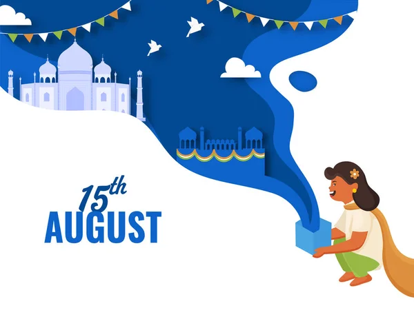 8月15日お祝いのコンセプトインドの女の子の保持ボックスと ピジョンフライング 青と白の紙のカットの背景にインドの有名な記念碑 — ストックベクタ